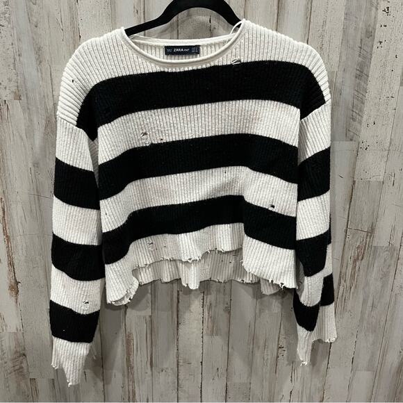 Zara Striped Cropped Distressed Boxy Oversized Sweater - Picture 1 of 9